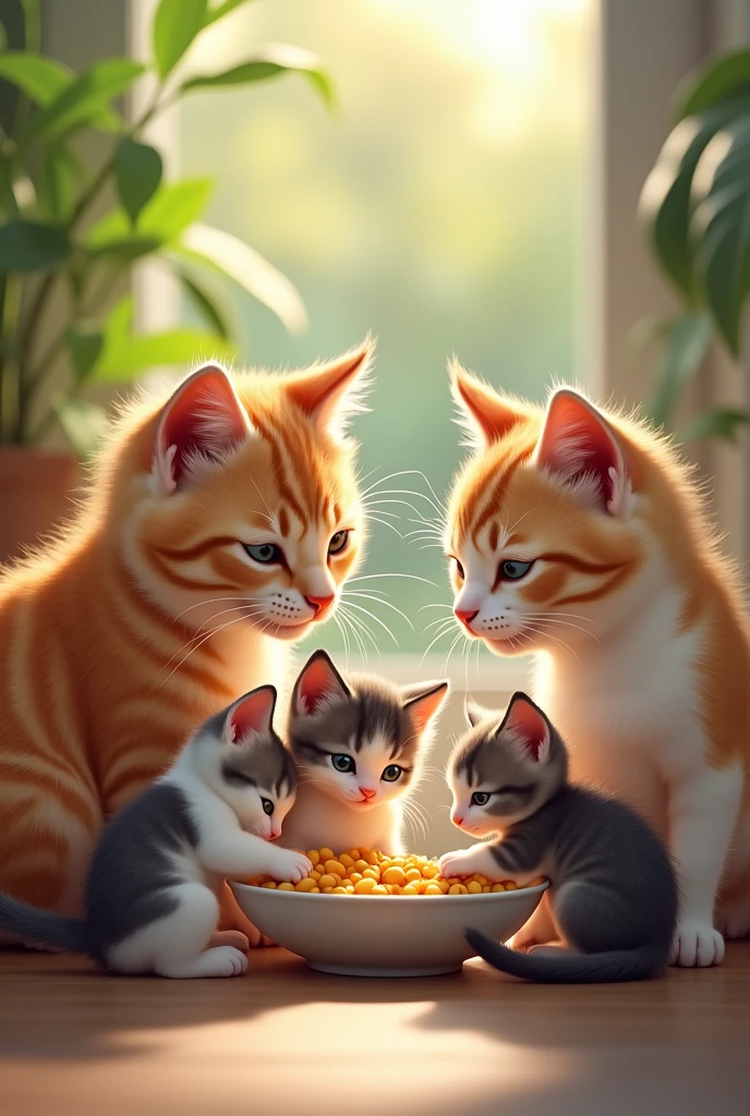 Photo shot 2 kucing sedang  makan   dan sambil jaga anak anaknya yg imut"