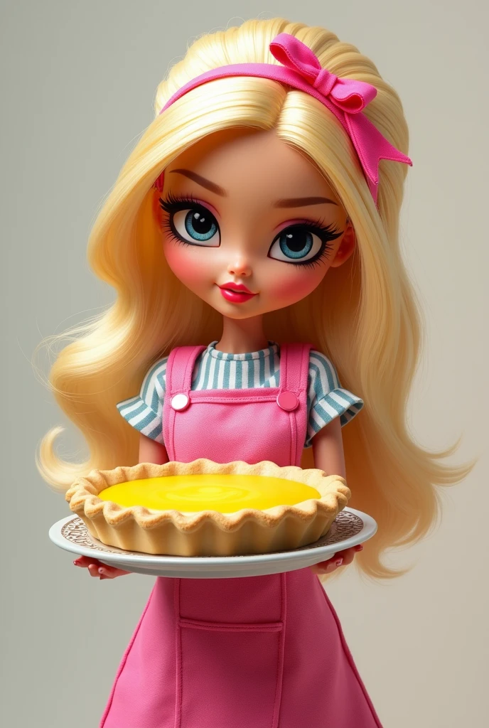 Bratz doll with pink apron and lemon pie in hands
