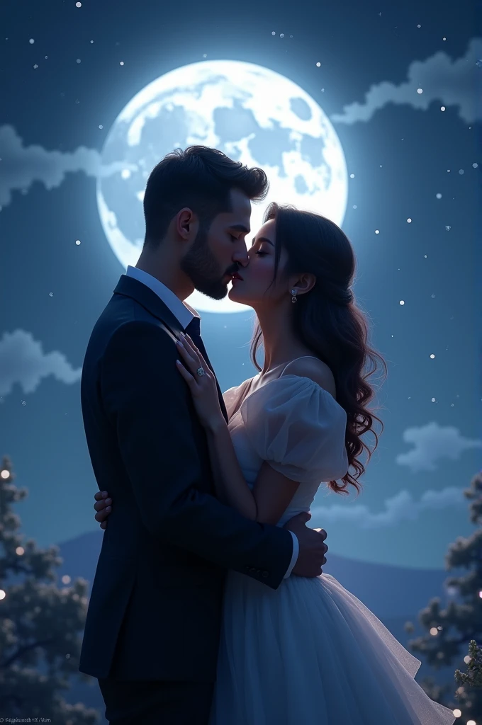 Couple sitting in moon kissing each other