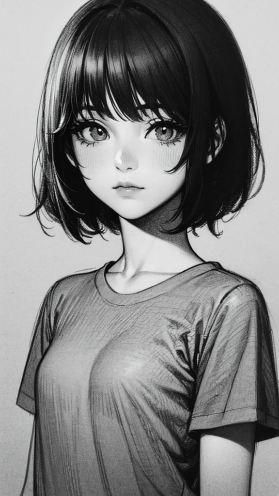 1 woman, alone, monochrome, grayscale, black short hair, portrait, short eyelashes, t-shirt, closed mouth, looking at viewer, sketch, graphite \(middle\), small lips, hatching \(group\), Without makeup, upper body, (best illustration), (best quality), (very detailed), (masterpiece), 30s girl, small eyes, bangs,