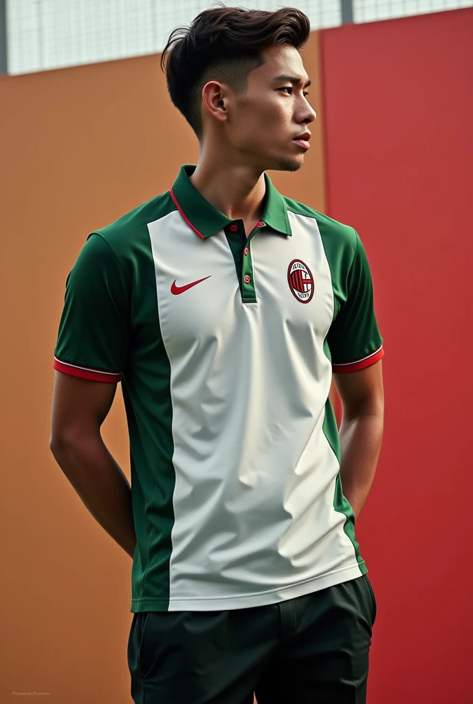 Create a sports polo shirt with the colors green, white and cherry with AC Milan style