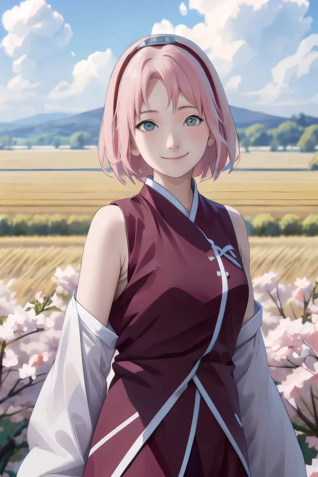 Sakura NS、8k、masterpiece、Best image quality、Very detailed、Perfect body、smile、Moderate bust、Skin glows、No sleeve、Real、scenery、Cloudy、A wheat field、Ultra Close-Up、Photographed from the front、Wide-angle lens