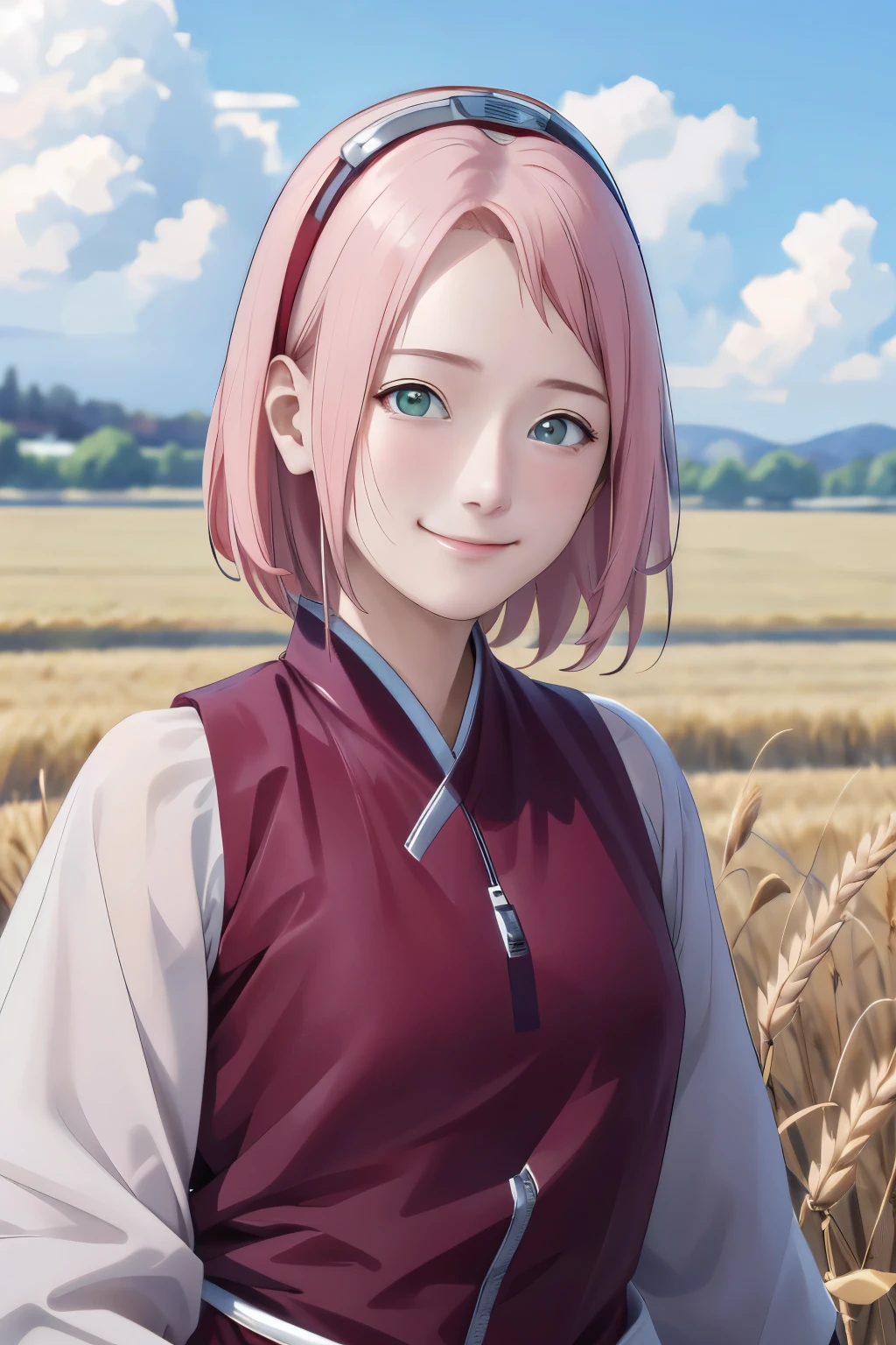 Sakura NS、8k、masterpiece、Best image quality、Very detailed、Perfect body、smile、Moderate bust、Skin glows、No sleeve、Real、scenery、Cloudy、A wheat field、Ultra Close-Up、Photographed from the front、Wide-angle lens
