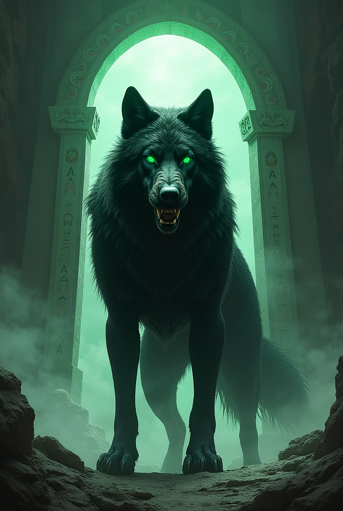 Giant black wolf with green eyes guarding the gates of the underworld