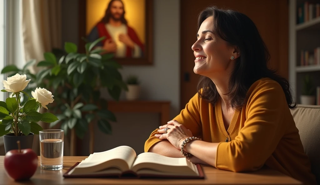 ultra realistic image of a 40 year old lady smiling with her eyes closed thanking God for another day that begins, in the living room of your house , in the background plants, illuminated wooden bookshelf, happy jesus with open arms picture, on the boat with the approaches, the bible with a white rose inside,, daylight coming through the window and illuminating her head, a glass of water and an apple, convey depth