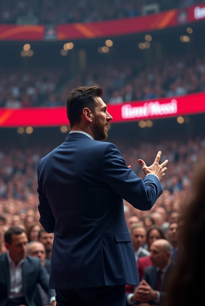 Messi is a political party leader. Messi is speaking in front of a crowd at a political conference