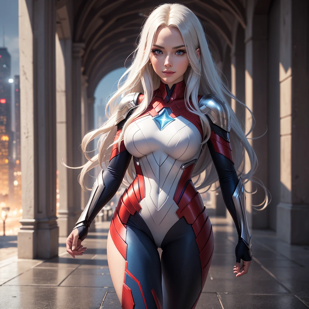 photorealistic highly detailed standing beautiful Caucasian 25yo woman, ((superhero style)), dreamy face expression, happy, smile, looking at camera, long platinum hair with streaks, perfect slender face, slim, stylish loose-fit white/red/blue outfit, matte carbon armor, vivid vibrant make-up, epic character composition, [[goth]], sharp focus, evening, global illumination, masterpiece, [divine], background is unfocused cityscape, photo-realism, cinematic, dramatic, increased saturation and contrast boost