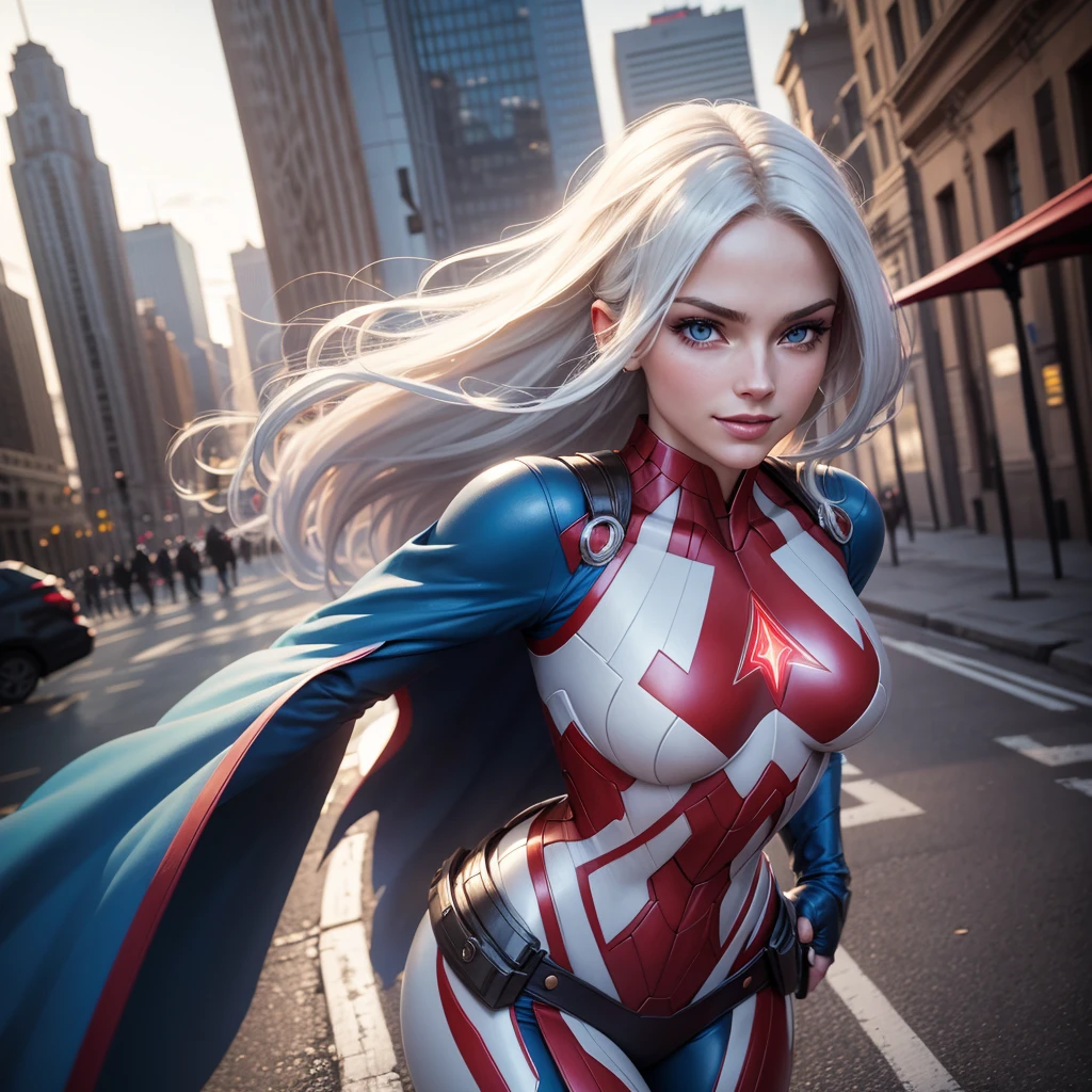 photorealistic highly detailed standing beautiful Caucasian 25yo woman, ((superhero style)), dreamy face expression, happy, smile, looking at camera, long platinum hair with streaks, perfect slender face, slim, stylish loose-fit white/red/blue outfit, matte carbon armor, vivid vibrant make-up, epic character composition, [[goth]], sharp focus, evening, global illumination, masterpiece, [divine], background is unfocused cityscape, photo-realism, cinematic, dramatic, increased saturation and contrast boost