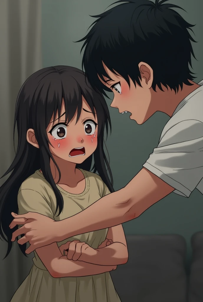 A girl is crying because his brother is spanking her