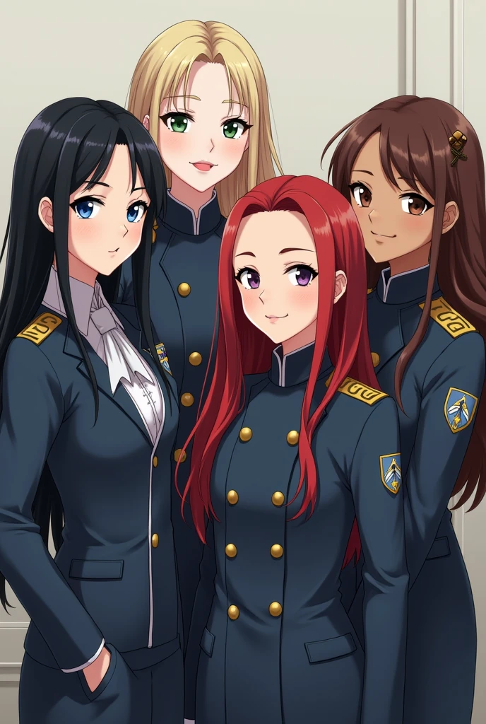 a pale woman with blue eyes and jet black hair, a pale blonde woman with light blue eyes, a red-haired girl with long hair, blue eyes and a light brown skinned girl, green eyes and curly brown hair. dressed in uniforms