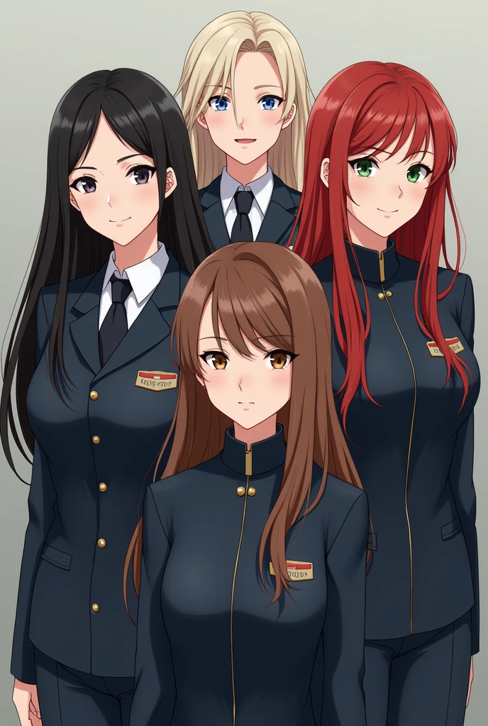 a pale woman with blue eyes and jet black hair, a pale blonde woman with light blue eyes, a red-haired girl with long hair, blue eyes and a light brown skinned girl, green eyes and curly brown hair. dressed in uniforms 