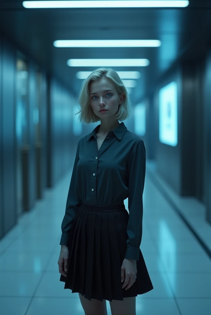 (photorealism:1.2), beautiful woman, swedish, blonde,sad, pensive, assistant, short pleated skirt, 18yo, dark corporate lobby, white floor and ceiling, blue lighting, hologram, projection,looking at camera, short hair, glowing blue eyes, full body