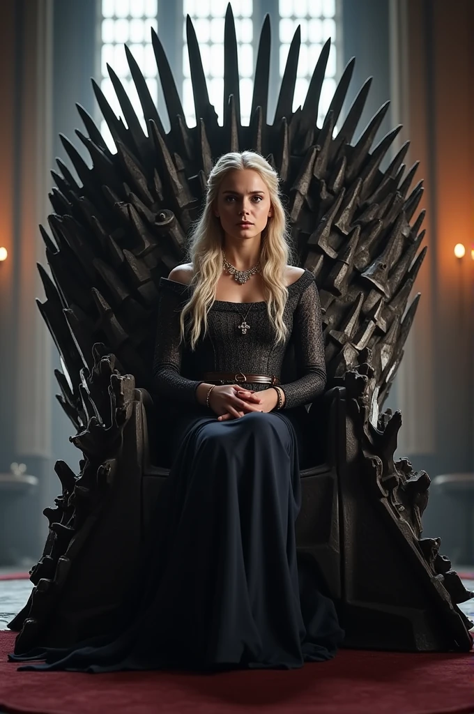 Rhaenyra Targaryen sitting on the iron throne. Reference show: House of the dragon 