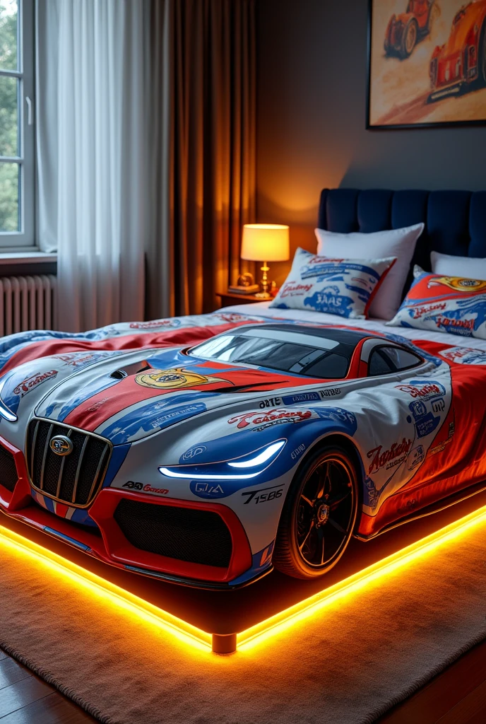 An example of a jumbo size mattress that uses sheets and bedcovers with a car motif plus a lamp under the mattress