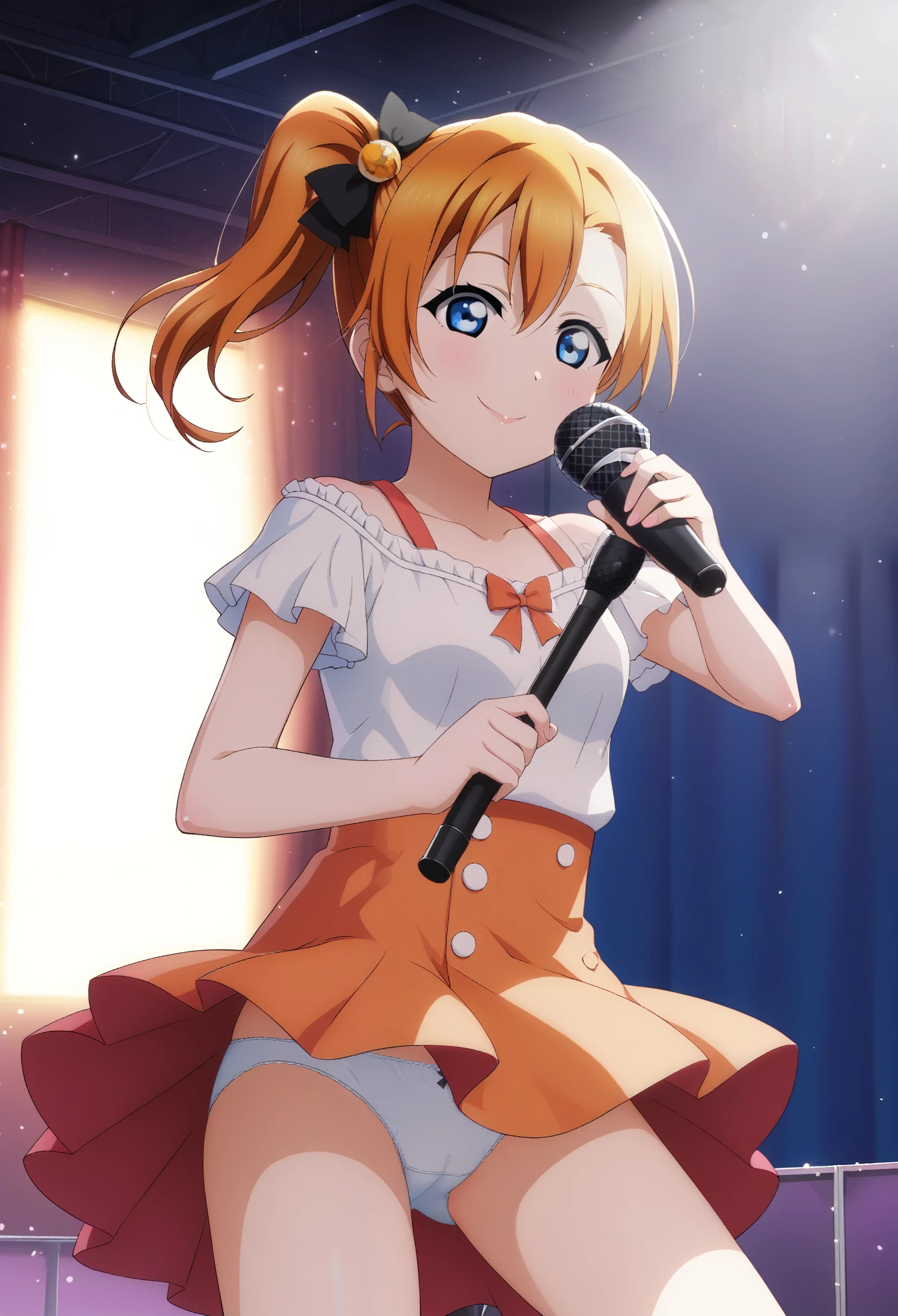 score_9, score_8_superior, score_7_superior, score_6_superior, sauce_anime, One person, Honoka Kousaka, lovelive!, score_9, score_8_superior, score_7_superior, score_6_superior, sauce_anime, blue eyes, Orange Hair, Medium chest, Side Ponytail, Medium Hair, Idol, Dancing energetically,Holding a microphone, noon, μsのIdolドレス, loveliveのIdol衣装, stage, Outdoor, sunlight, Idolコスチューム, White panties, Panties with ruffled edges, Panty shot, alone, A big flip-up dress, skirt, smile