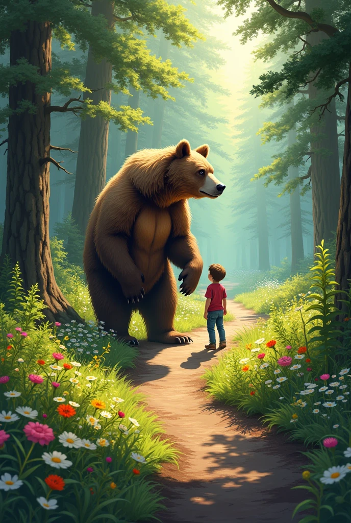 One day, I met a bear in the forest. On a path through a flowering forest, I met a bear.