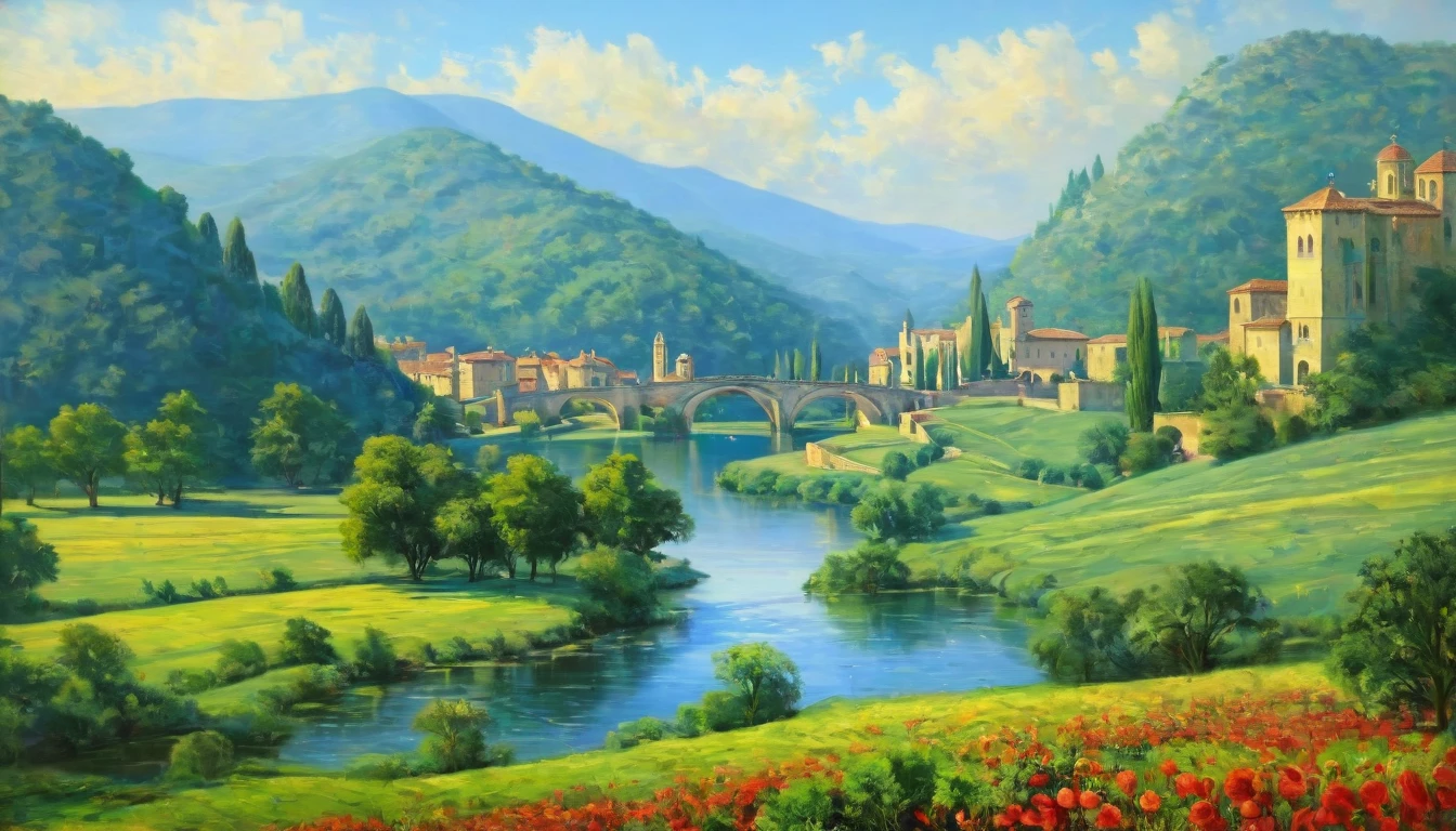 [Best quality, masterpiece, ultra high resolution, Photorealistic, ((in the style of pin-up, 1 young woman 28 years)), medium shot, smile:20]:[((background, complex renaissance landscape, very detailed, Impressionism:0.2))]
