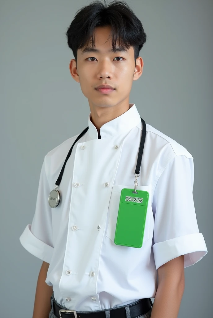 photo byeon woo seok uniform poltekpar nhi ​​bandung using name tage green color green of culinary arts