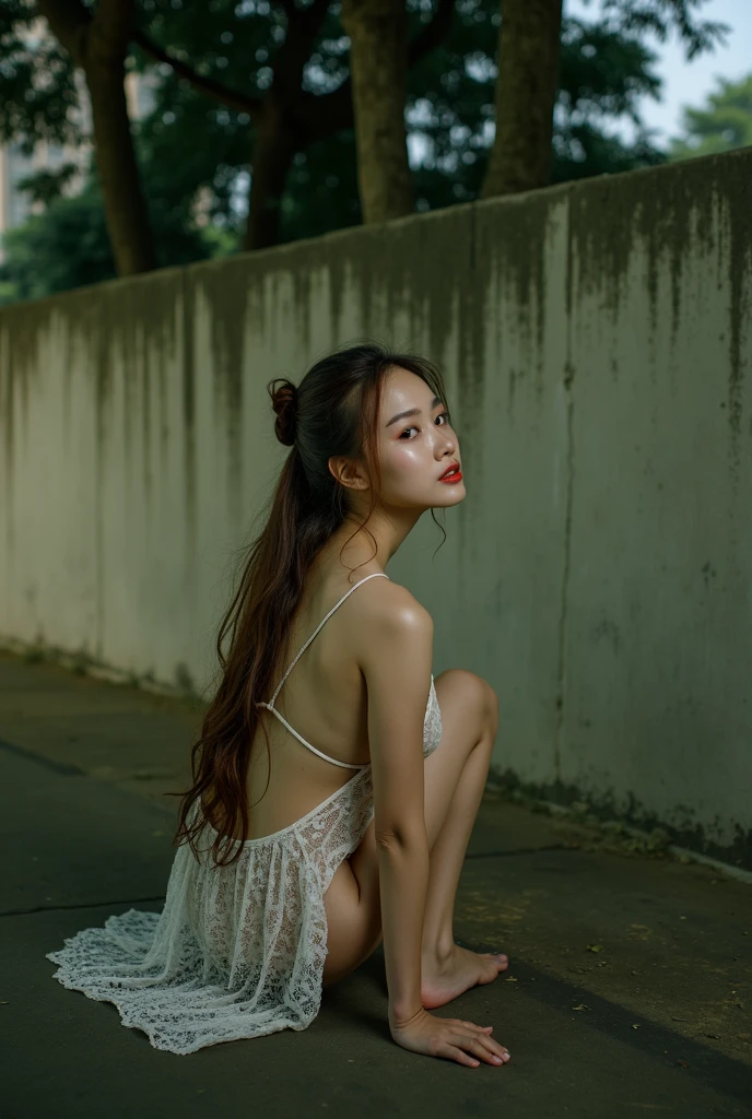 (Highest quality:1.4),(masterpiece:1.4),(Realistic:1.4),(Realistic:1.2),(超High resolution, RAW Photos:1.4),(High resolution, Very detailed:1.2),(8k:1.2),photograph,(Shot from behind:1.3)、Korean women、brown hair photos,One Woman,alone,(In underwear),Very large ,((Thigh to head shot:1.3))、(((topless、You can see her large breastshe side.)))、((Toothy smile))、((Very large breasts:1.4))、ic skin textures、Slightly freckled、Slender figure、Realistic skin textures、((background,Concrete wall:1.3)),(topless,The breast is visible froside:1.6),(Long lace slip,White)、3 woman、The angle at which the nipple is not visible、((Upd hairstyle))、((White,Long lace slip:1.4))、Correct toes、Detailed facial features、Kneeling pose on the floor、Hands on the floor、Long slip covers the buttocks and soles of the feet、Locovers your butt、Chin up、
