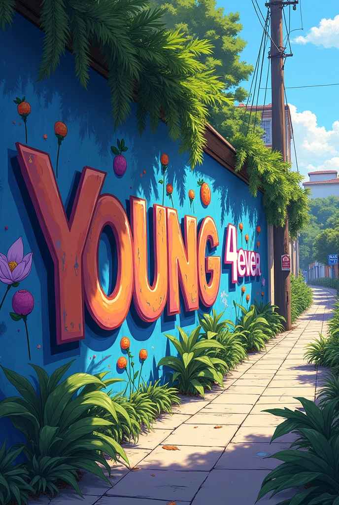 Wall on a Brazilian street with vegetation on the sidewalk, withouth People, with graffiti saying:' we love you Min Yoongi ' e a sigla: 'BTS 4ever' pequena. with purple details, small drawings of tangerines and lotus flower. With a slightly rock style.