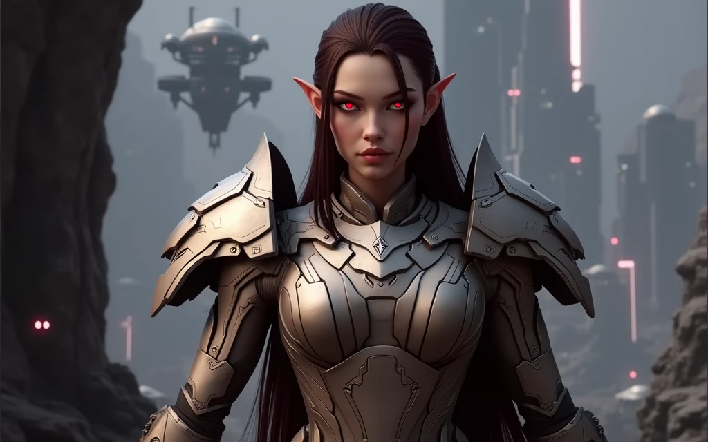 red eyes, sylvanas_windrunner, sylv-lora, 1girl, elf, will be depicted in the futuristic world of "Aeon Flux". The artwork will be created using the medium of digital illustration. The image quality should be at its best, with a resolution of 4k or 8k. It should be ultra-detailed and have a realistic, photorealistic appearance. The colors should be vivid and the lighting should be carefully designed to enhance the overall atmosphere of the scene.