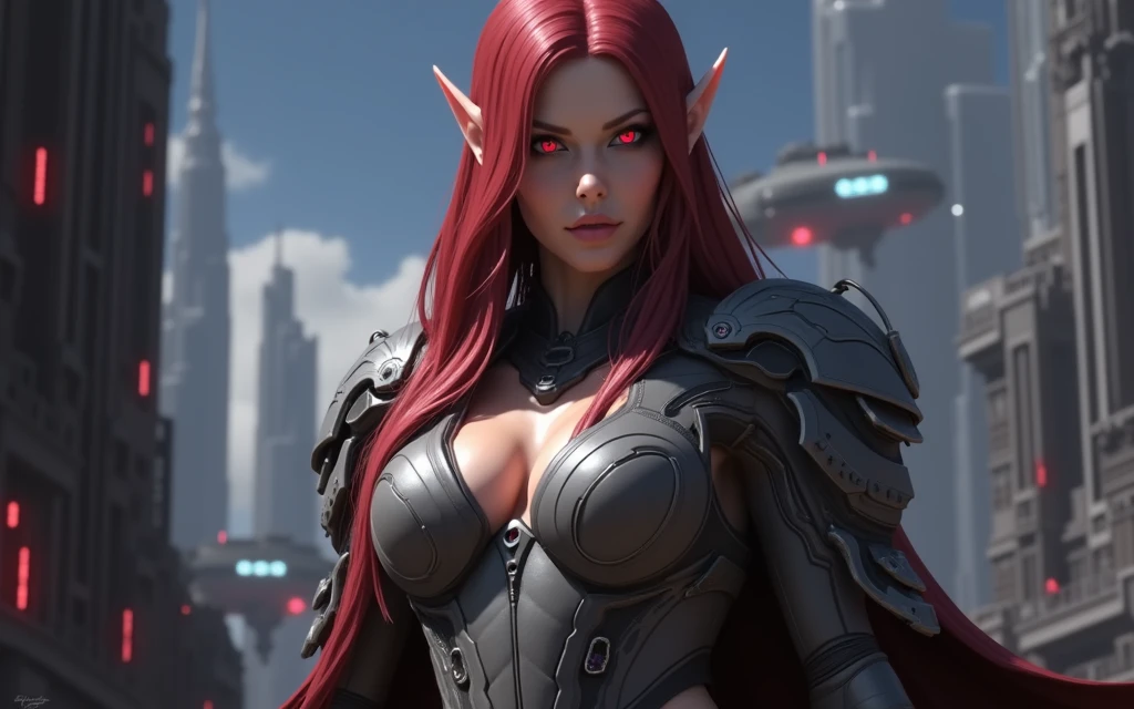red eyes, sylvanas_windrunner, sylv-lora, 1girl, elf, will be depicted in the futuristic world of "Aeon Flux". The artwork will be created using the medium of digital illustration. The image quality should be at its best, with a resolution of 4k or 8k. It should be ultra-detailed and have a realistic, photorealistic appearance. The colors should be vivid and the lighting should be carefully designed to enhance the overall atmosphere of the scene.