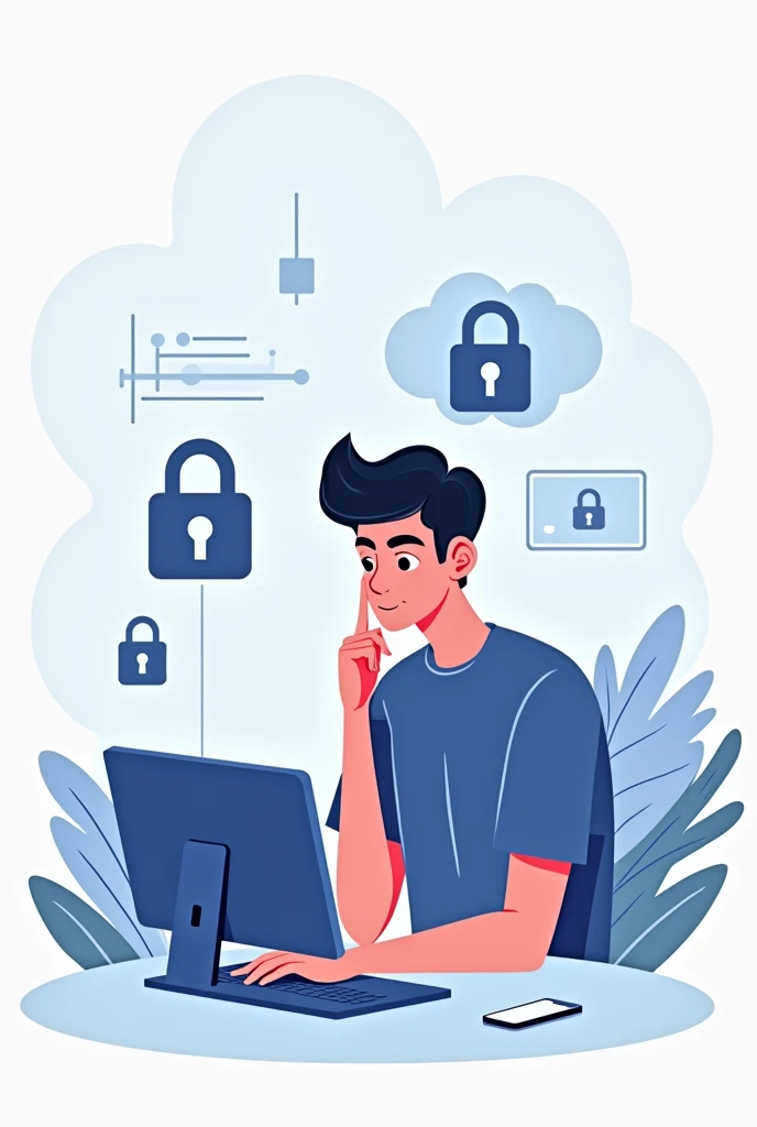 Drawing about digital security that has to do with a phone and computer, easy to animate and with a person 