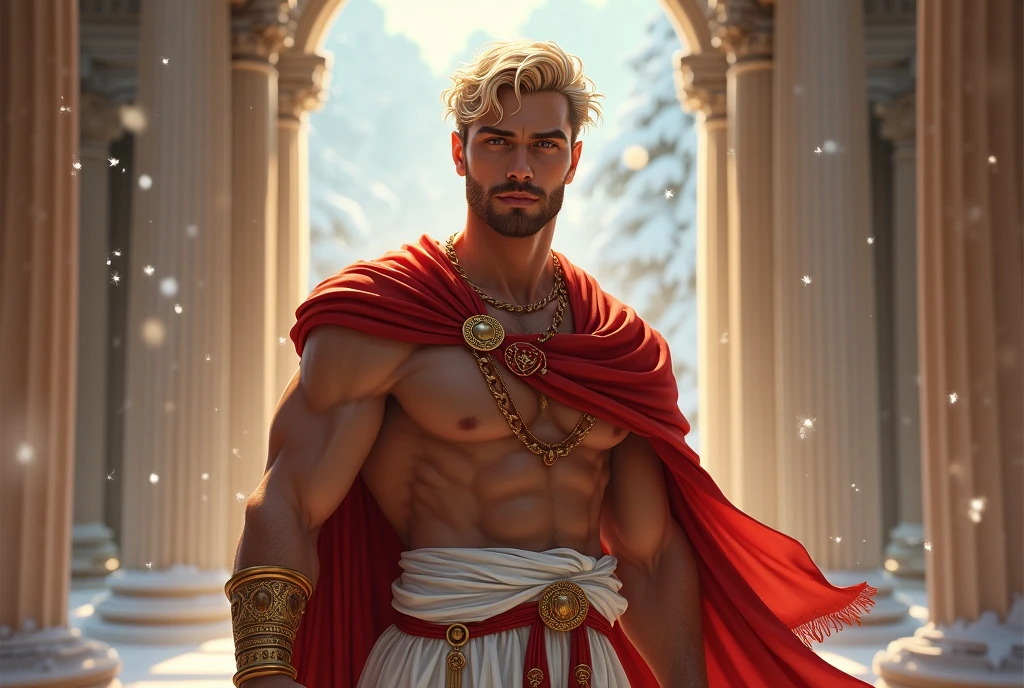 ((artwork)) ((body completo)) ((30 year old man)) body: brownish skin, high, muscular, ((body hair)) ((platinum ruby hair)) male face, barba, beautiful eyes, detailed eyes ((Gold colored eyes)). Expression: Seductive, sonrisa Seductive. CLOTHES: Red Greek Cape, TOGA BLANCA, Gold ornaments, greek prince ornaments. pose: dynamic. scene: greek temple, Greek columns. Decor: winter, decoración de winter brillante, Wonderful lighting.