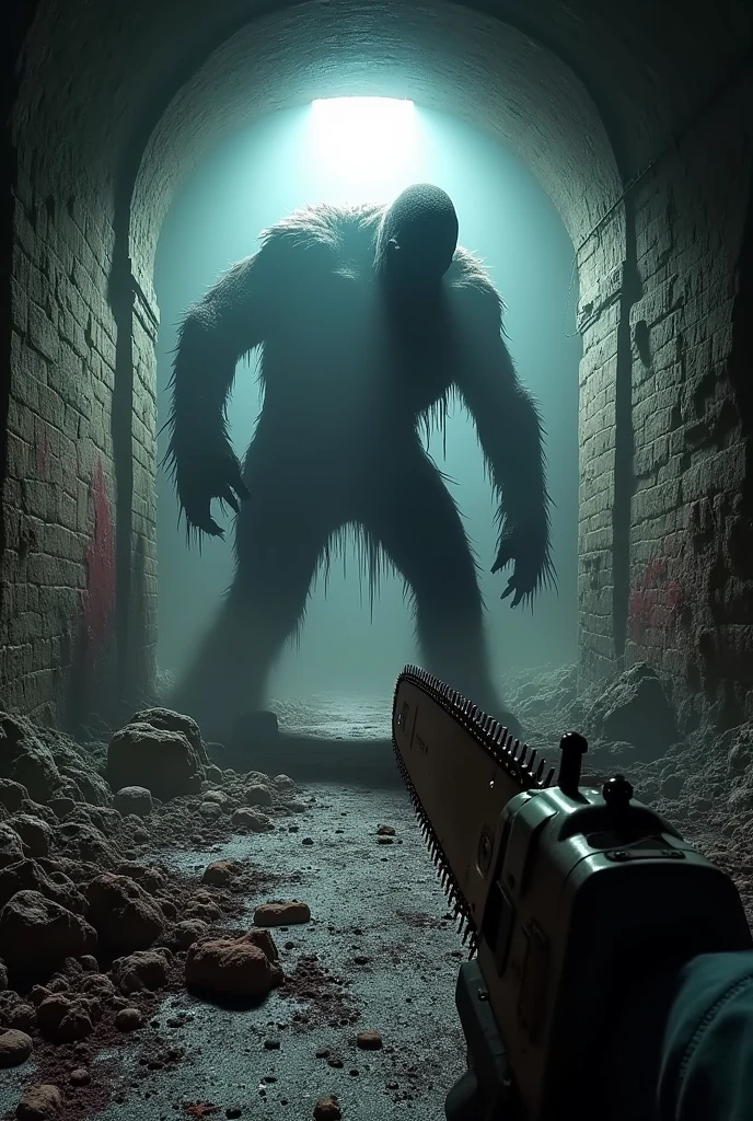 Underground mine first person view being attacked by a chainsaw monster
