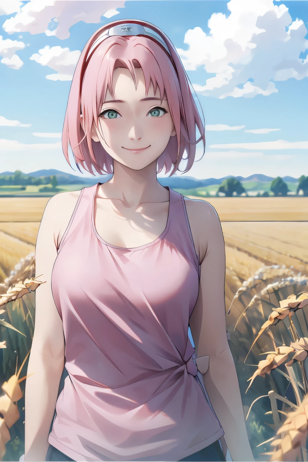 Sakura NS、8k、masterpiece、Best image quality、Very detailed、Perfect body、smile、Large Breasts、Skin glows、Tank top、Real、scenery、Cloudy、Wheat field、Close-up、Photographed from the front、Wide-angle lens
