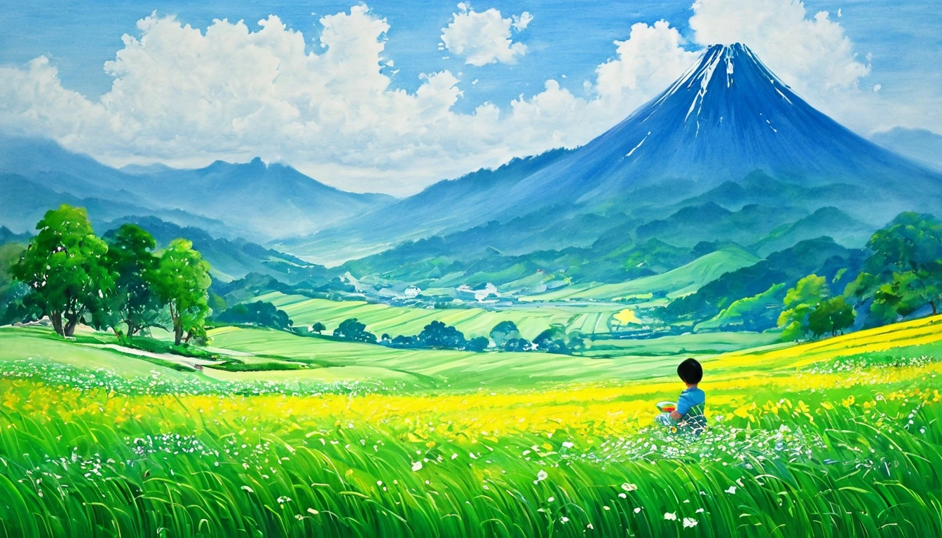 Landscape painting。The world of a child's dreams、Flying heroes and heroines、Emerging from a swirling black hole、Red in an orange space、green、Lots of blue shooting stars。