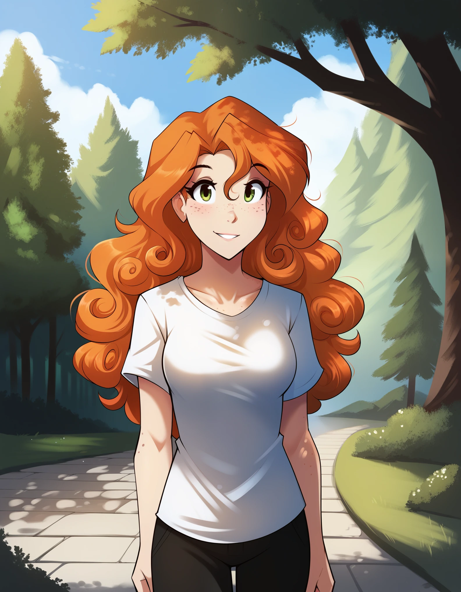 score_9, score_8_up, score_7_up,   tomfischbach, 1girl. human, green eyes, orange hair, outdoors, t-shirt, medium breast, young, cowboy shot, freckles, long hair, curly hair