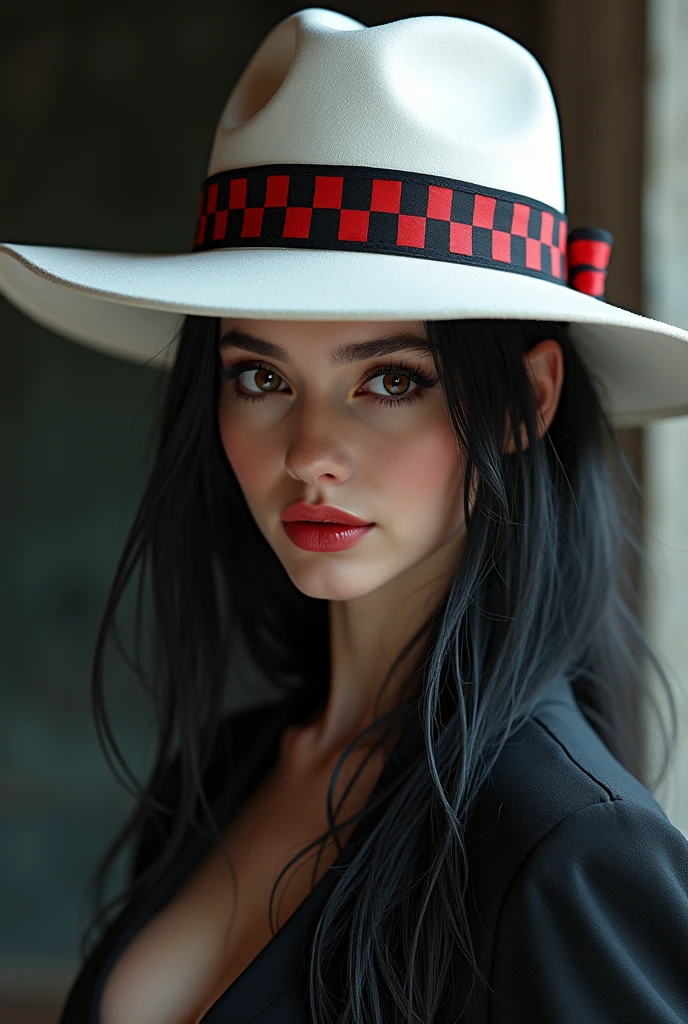 Naughty Maria, the razor of Calunga, wearing a white hat with red and black checkered ribbon