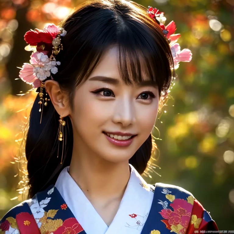 (Super elaborate CG Unity 8K wallpaper), (masterpiece), (highest quality), (realistic), geisha, sexy kimono, dance, elf, pointed ears, ((best quality)), (super detailed)), (((photo)), autumn Japan forest, big breasts, slender body, provocative smile , looking forward,The face is in focus、(close up on face:1.3), looking at viewer,