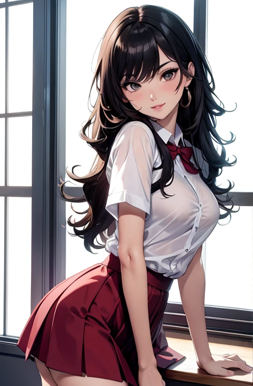 masterpiece, best quality, best lighting, shadows, perfect anatomy, 1 girl, adult anime girl, 2, mature features, showing tits, bitchy face, pretty lips, pretty eyes, black wavy hair, black eyes, seductive eyes, blushing, flirty, pretty smile, tiny red skirt, wet white tight shirt, classroom background, ass, breast, thighs, seductive, spicy, hot, flirty, nsfw,