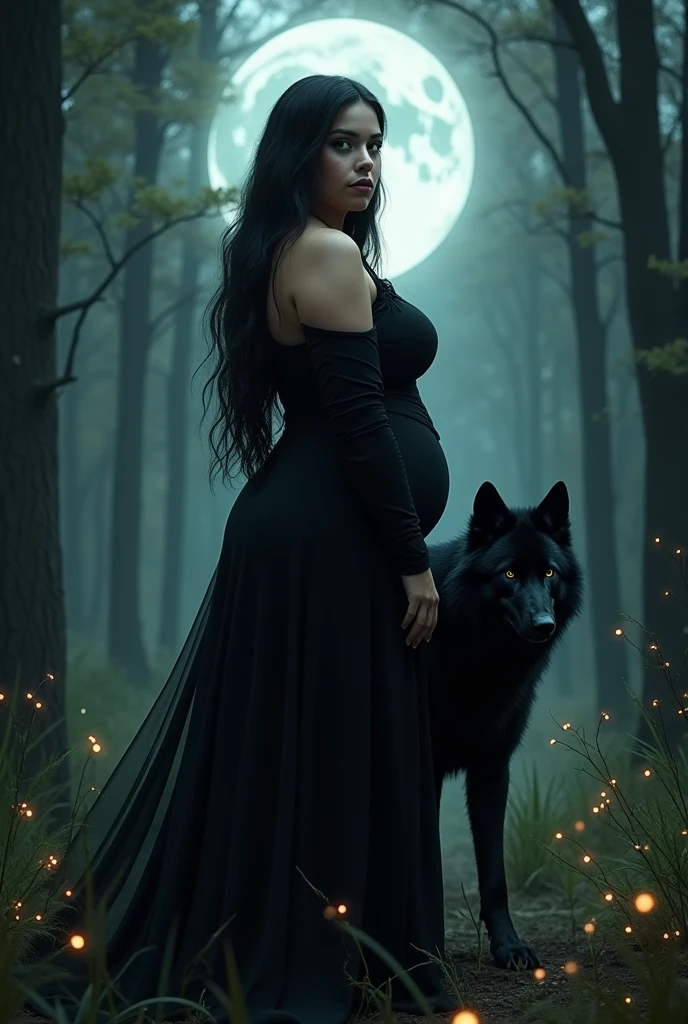 woman, long straight black hair, plump, big bust, wide hips, long black dress, walking through the forest, at night, a black wolf at her side, with fireflies around, full moon in the background, looking at the camera, photorealistic