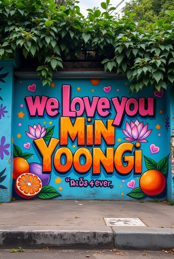 Wall on a Brazilian street with vegetation on the sidewalk, withouth People, with graffiti saying:' we love you Min Yoongi ' e a sigla: 'BTS 4ever' pequena. with purple details, small drawings of tangerines and lotus flower.