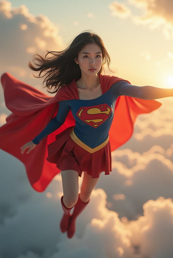 Masterpiece, photo,  yo, beautiful Japanese woman transforms into Supergirl and flies in the sky,