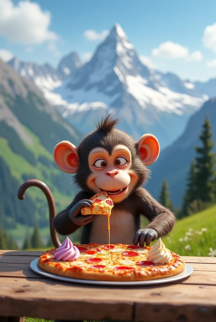 Monkey eating pizza with ice cream as toppings with background of Switzerland mountains