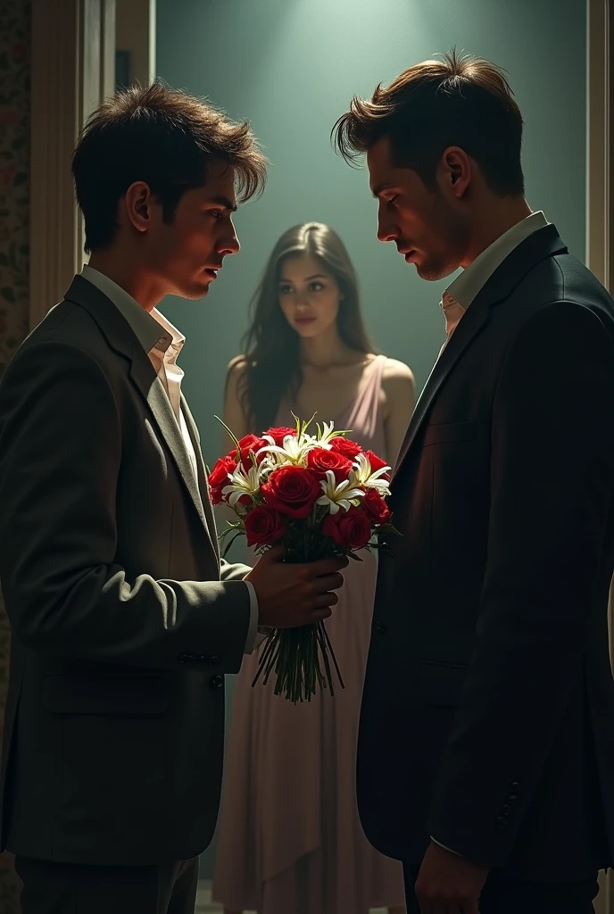 Man bringing flowers to a woman who is cheating on him with another man