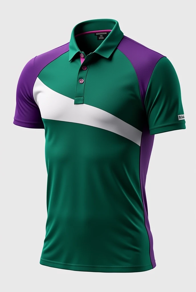   Create a stylish sports polo with the colors green, violet, white.
