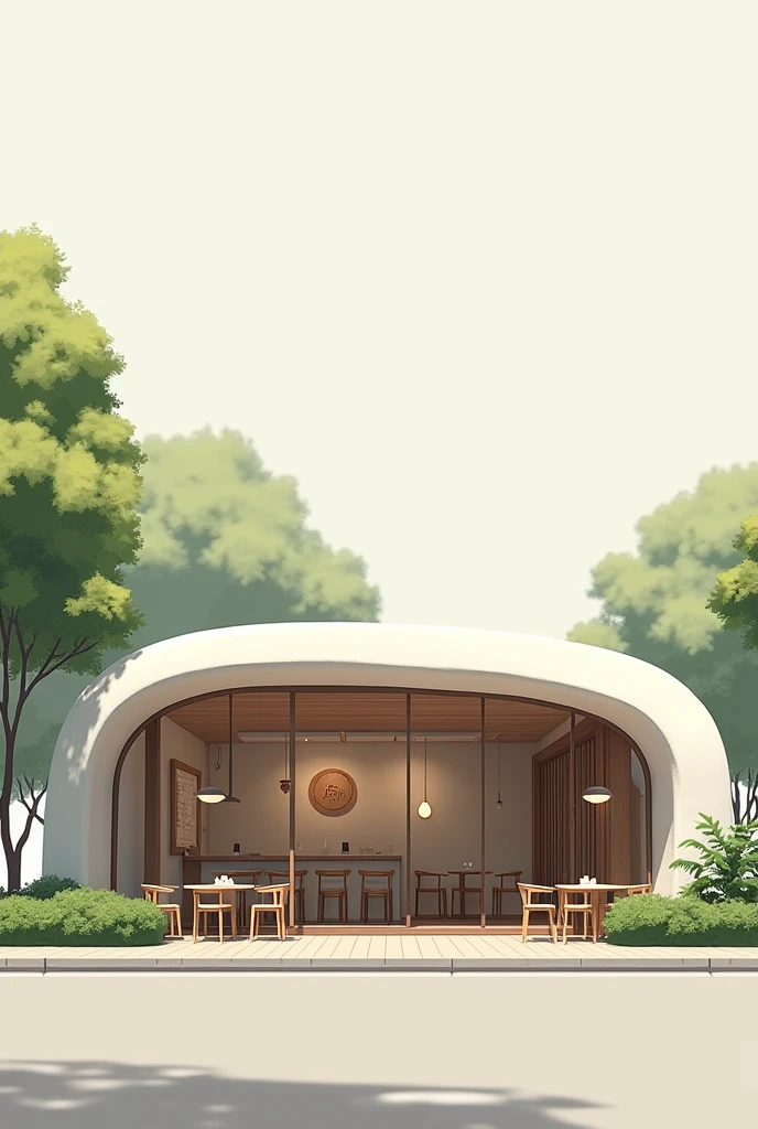 Fluidity based Simple Structure and facade of a single storey cafe building with an outdoor dining in front right side of cafe