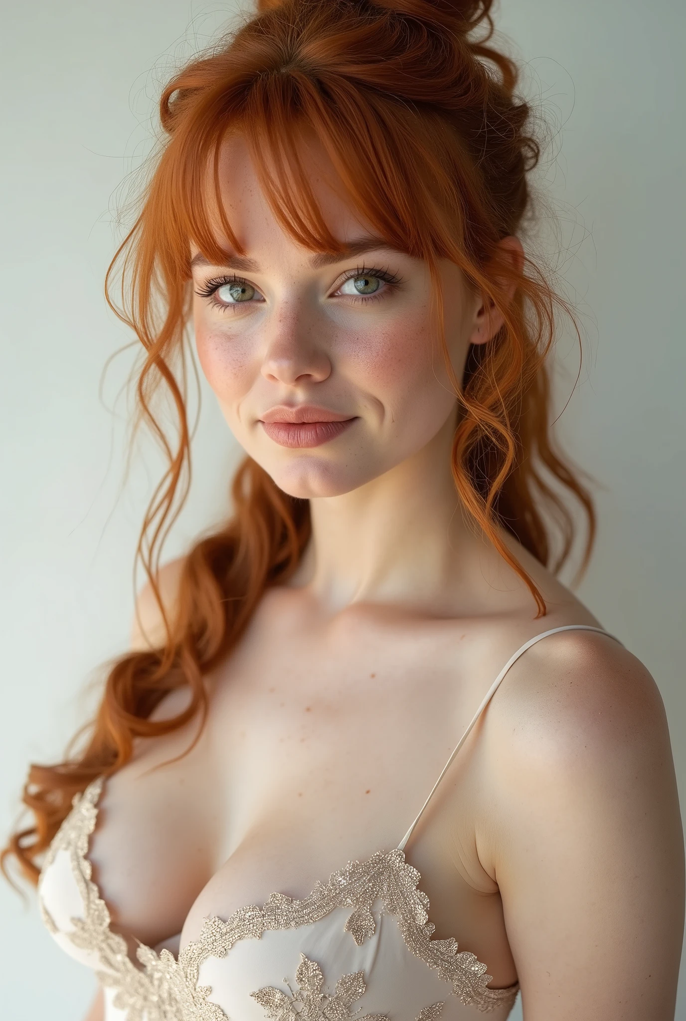 Full body portrait, (19yo woman:1.2), redhead, ginger with bangs and wavy hair, pale blue eyes, smiling, slim, (freckles:0.9), very long wavy hair, sublte blonde highlights, goddess, transparent cloth dress, large breasts, covered nipples,curvy feminine figure, dutch angle, cute, attractive, beautiful, masterpiece, best quality, high quality, professional quality, highly detailed, highres, perfect lighting, natural lighting, ultra-detailed masterpiece,