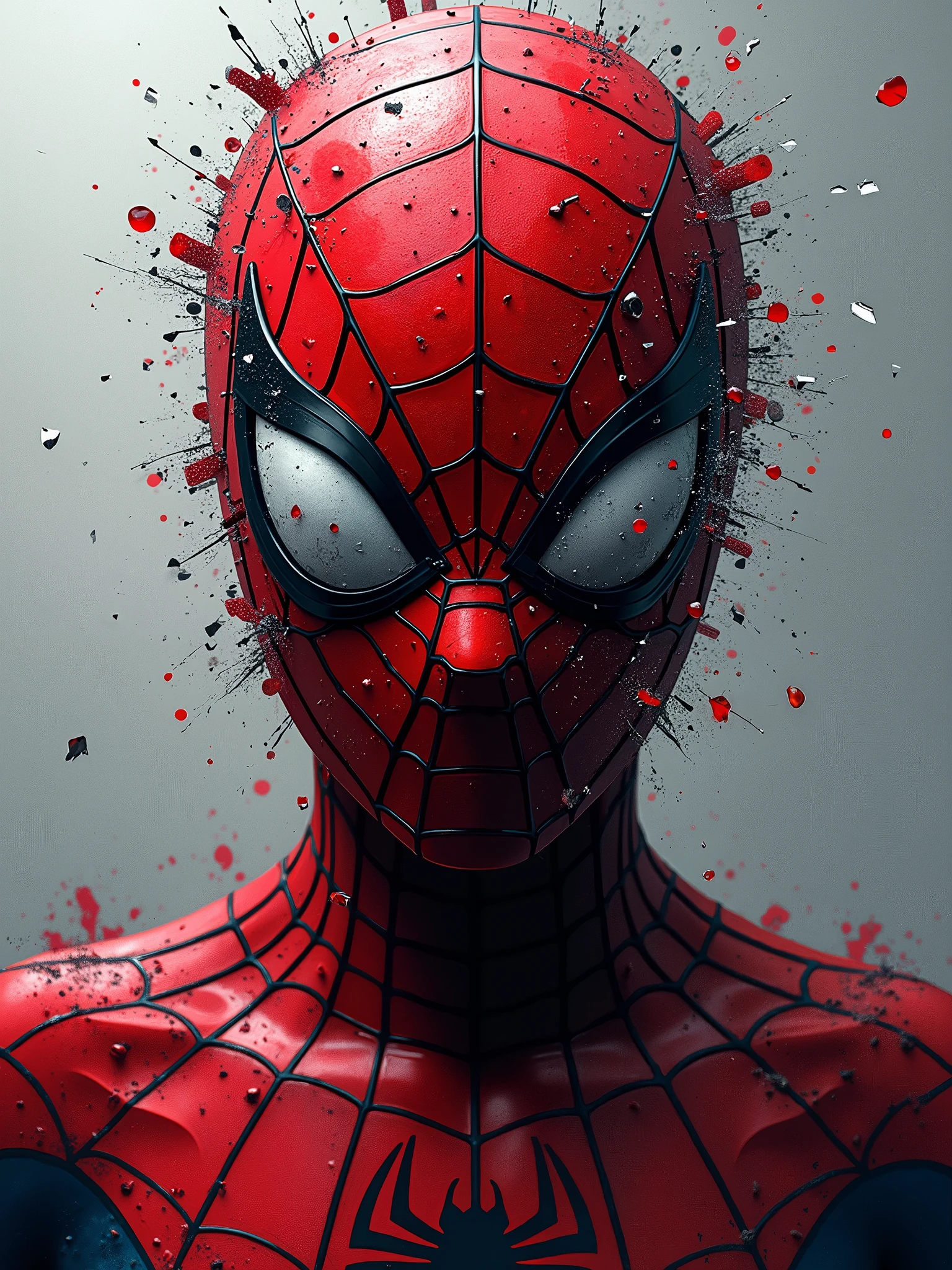 A captivating and vibrant illustration of an abstract spiderman face, predominantly focusing on the mesmerizing suit . The face appears fragmented, with shards of glass or paper overlapping it, creating a sense of chaos. Suit are intricately detailed, . The striking suit contrast with the predominantly dark and monotone background, which consists of grays, whites, and splashes of red. This cinematic piece exudes a dark fantasy vibe, drawing viewers in with its chaotic beauty., dark fantasy, illustration, cinematic, vibrant