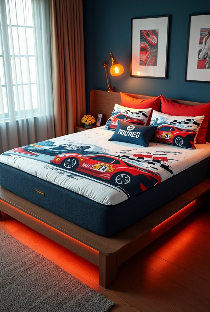 An example of a jumbo size mattress that uses a bed sheet and bedcover with a racing car motif plus a lamp under the mattress