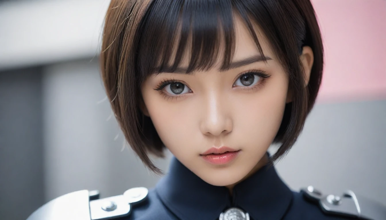 8k, Ultra-high resolution, Highest quality, masterpiece, 三分割法によるphotograph,Surreal, photograph, 1 , (:1.3), cute, cute顔, 細部までBeautiful Eyes, 細かくdetailedに,masterpiece,One Girl:1.2,Japanese women,Policewoman,close up,glaring,Black short hair,Bowl cut,ID photo,(Police officer of the future:1.3),cyber punk,Future City,white collar,((Fusion of humans and androids))(Beautiful attention to detail),Subtle details, detailedな顔,anger,Attractive eyes,(ポートレートphotograph:1.4),(Photorealistic images:1.4),Fantasy art,(Beautiful Face:1.4),美しくAttractive eyes、Beautiful Eyes,Silver residue,(Tight waist:1.4)、(Beautiful with perfect body proportions:1.4),Pink Lips,profile,(((Ideal body type))),A-cup small breasts :2,、Portraiture:2、Perfect Anatomy、鮮明なdetailed、detailed,Fashion magazine cover,Thin lips,完璧でBeautiful Face ,完璧でcute顔, Skin with attention to detail, Perfect limbs、Narrow waist,Surreal,Light and shadow,spotlight