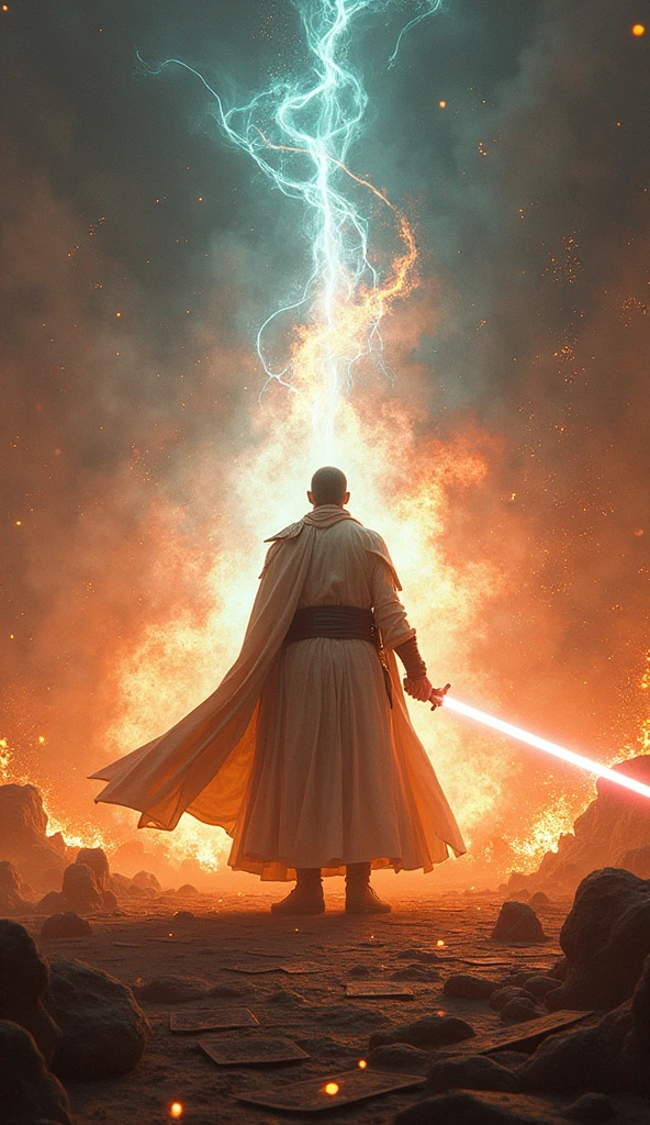 Force Master Battle Scene, (Use force:1.7), Guweiz style art work, (There's fire everywhere:1.4), With Tarot Cards, Terracotta, Beauty Filter, human fighter, surrender, best quality, masterpiece, very detailed, degree of freedom, Artistic lighting, rim light, best quality, (masterpiece), (very detailed), crazy details, best quality, masterpiece, very detailed, degree of freedom, Artistic lighting, rim light, star wars theme