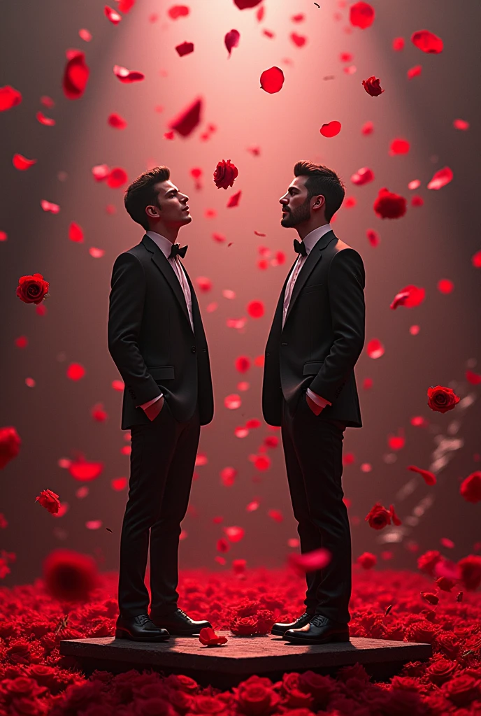 Two male singers are hit by red roses with thorns on a moving platform  
