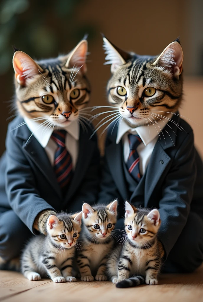 Photo shot 2  kucing  jantan betina pakai baju kantor dan sambil jaga anak anaknya yg imut"