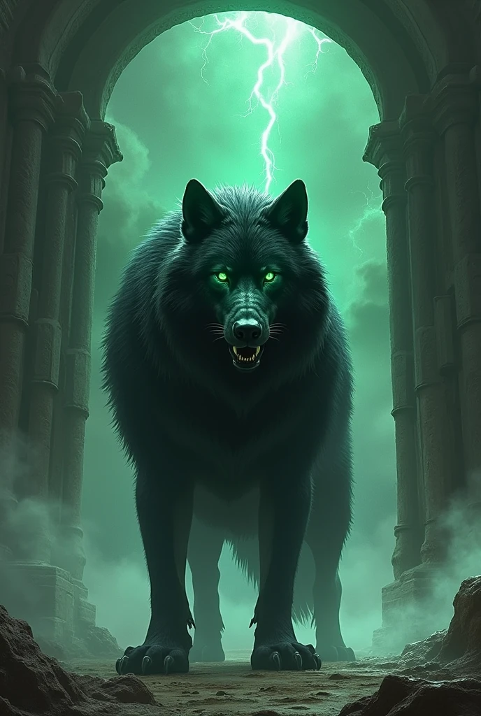 Giant black wolf with green eyes guarding the gates of the underworld 
